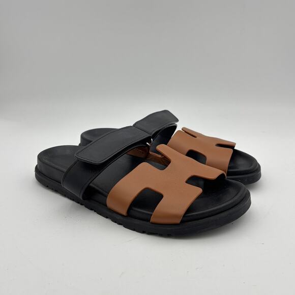 Hermes Chypre Black Brown Leather Sandals Slides Men's 42 - Picture 1 of 15